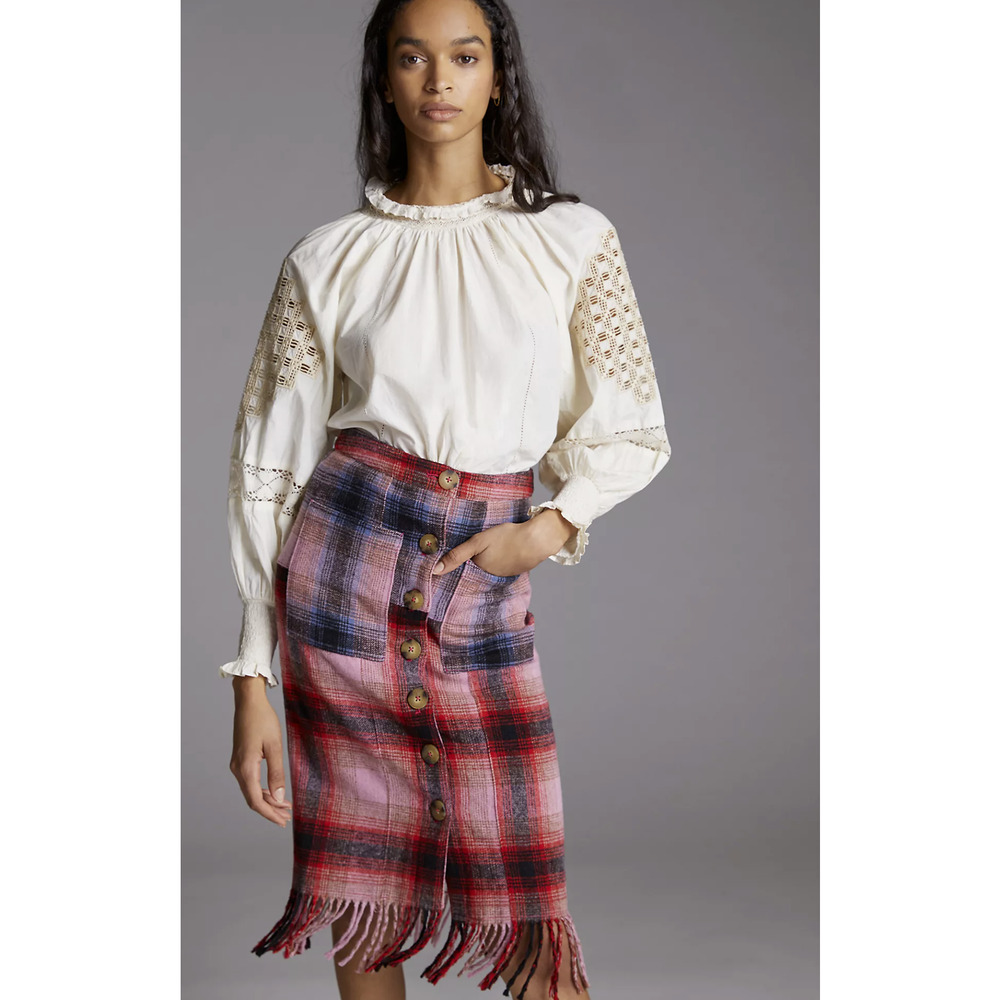 Anthropologie Pink Fringed Plaid Mini Skirt - New - Size 6 - Picture 2 of 9